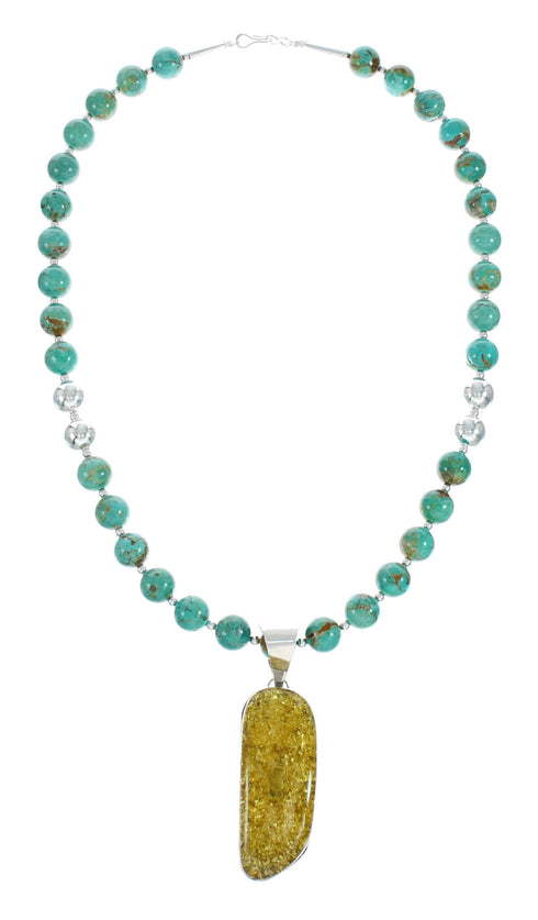 Native American Turquoise and Amber Bead Sterling Silver Necklace JX129247